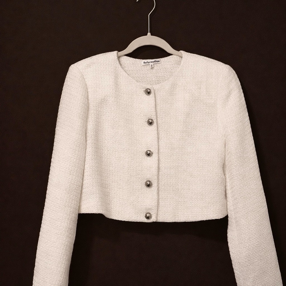 Reformation tweed two-piece (skirt + cropped blazer), Size M/6, $100